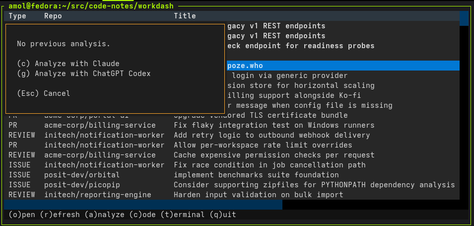 analyze dialog offering to open a cached analysis or run a fresh one with Claude or Codex against the selected pull request