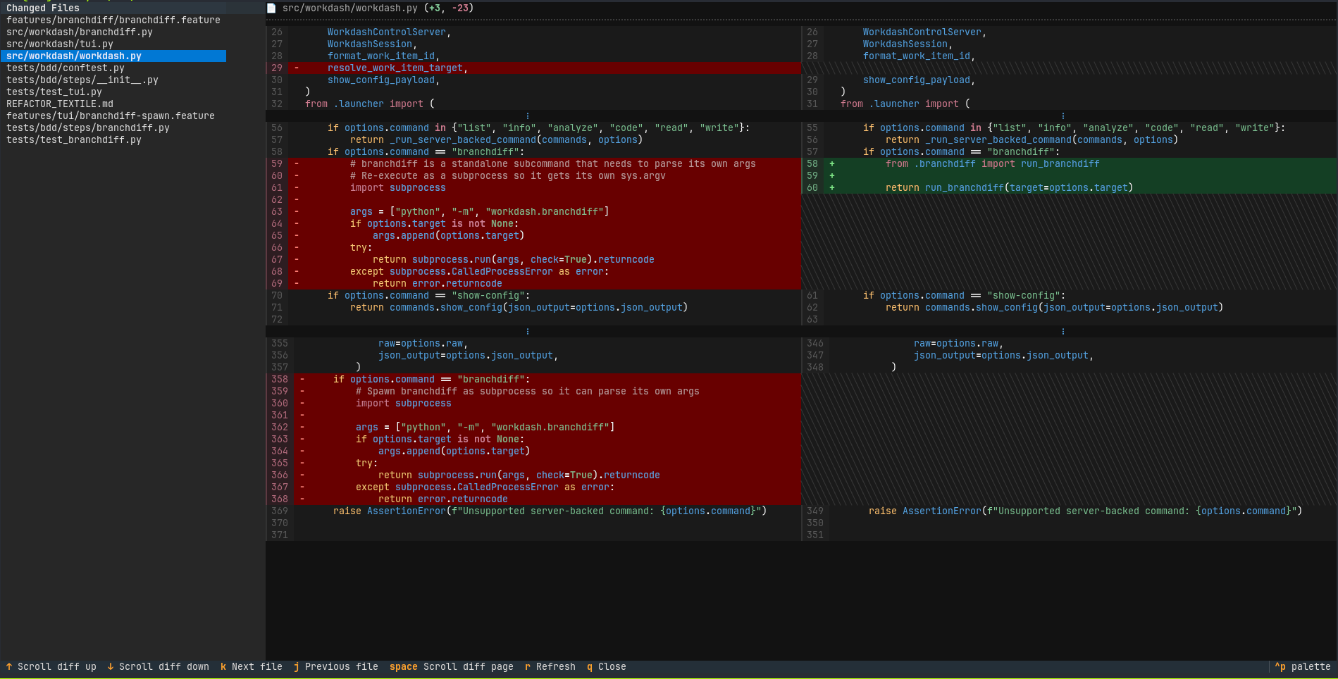 workdash showing the current diff for a pull request in the terminal