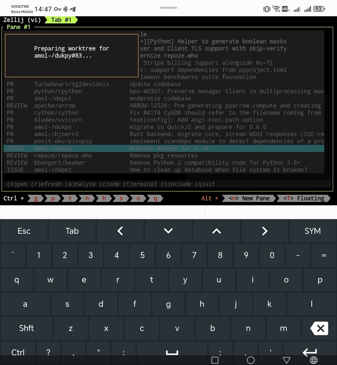 workdash running in a zellij terminal session from a mobile device over a remote connection